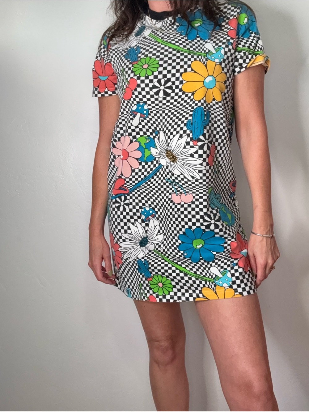 Stussy Black-and-White Check Floral Mini Dress with Multicolor Blooms